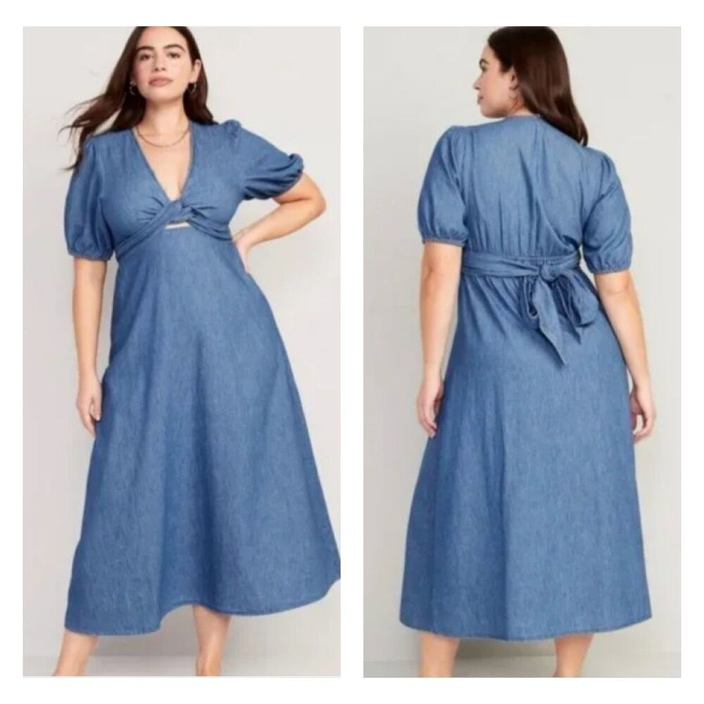 Old Navy Blue Denim Twist-Front Midi Dress